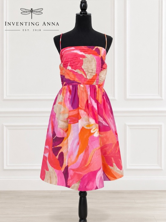 H&M Dresses & Skirts - H&M Pink Orange Floral Pleated Spaghetti Strap Fit & Flare Dress size XXL